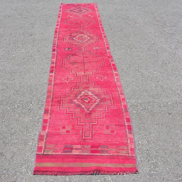 Vintage Rug, , Rugs For Stair, Turkish Rug, 2.4x11.5 ft Runner Rugs, Herki Rug, Oushak Rug, Pink Oriental Rugs, Vintage Runner Rug