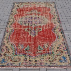 Vintage Turkish Area Rug, Distressed Red and Beige, Intricate Patterns, 4x7ft