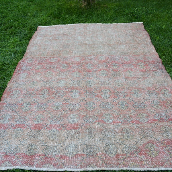 TURKISH RUG 6.2' x 9.5' faded red oushak rug turkey red embroidery Red Vintage Area Rug   Oushak Rug Distressed Oushak Rug Large Rug 1260