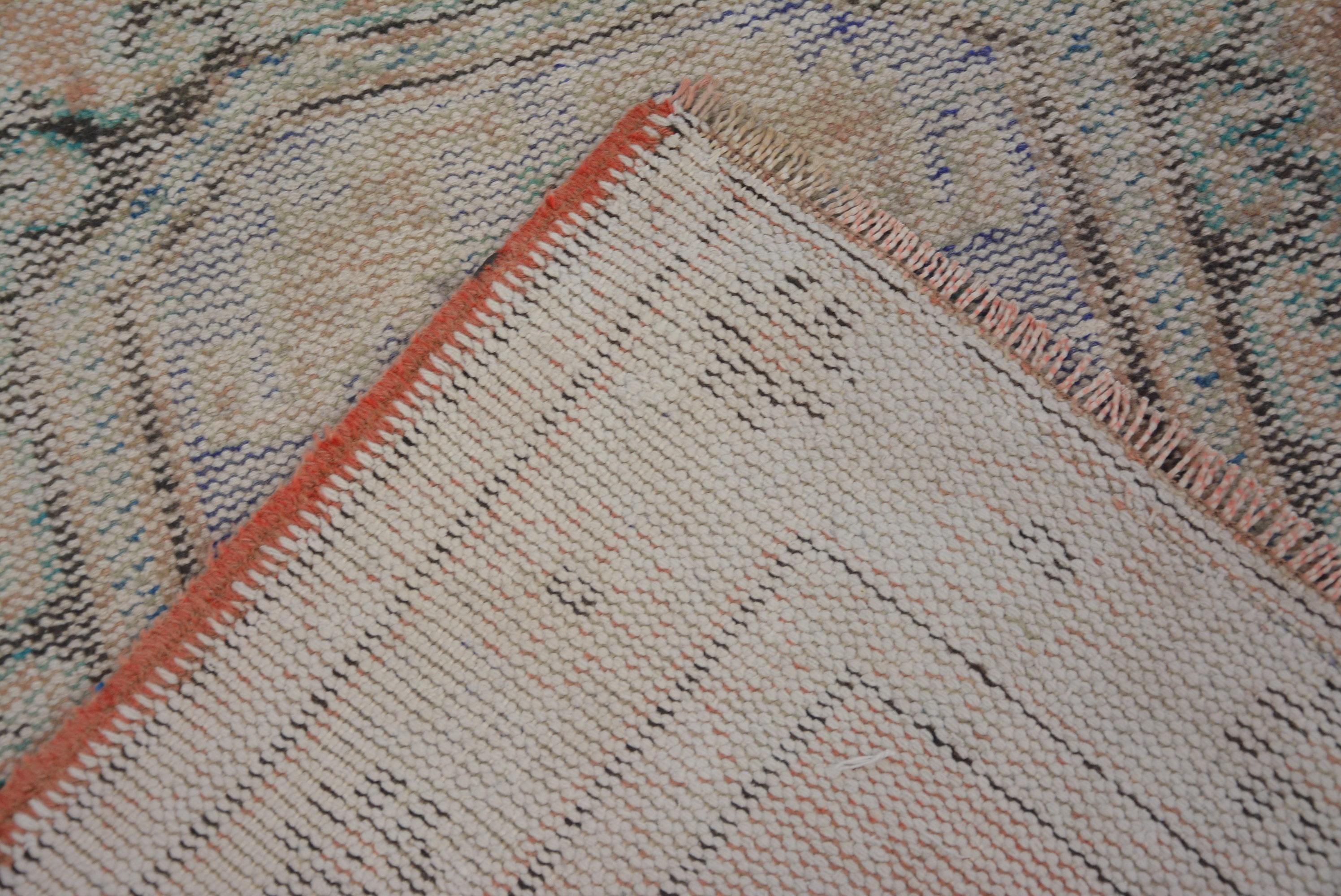 ヴィンテージ トルコ製ランナーラグ、パステルピーチとブルーの