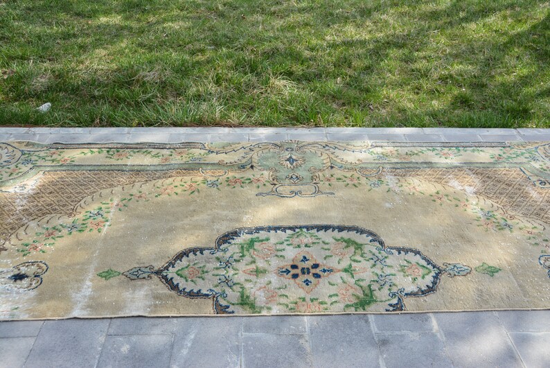 Antique Turkish Rug Oushak Rug 3.9' X 10.5' Vintage Anatolian Wool Rug