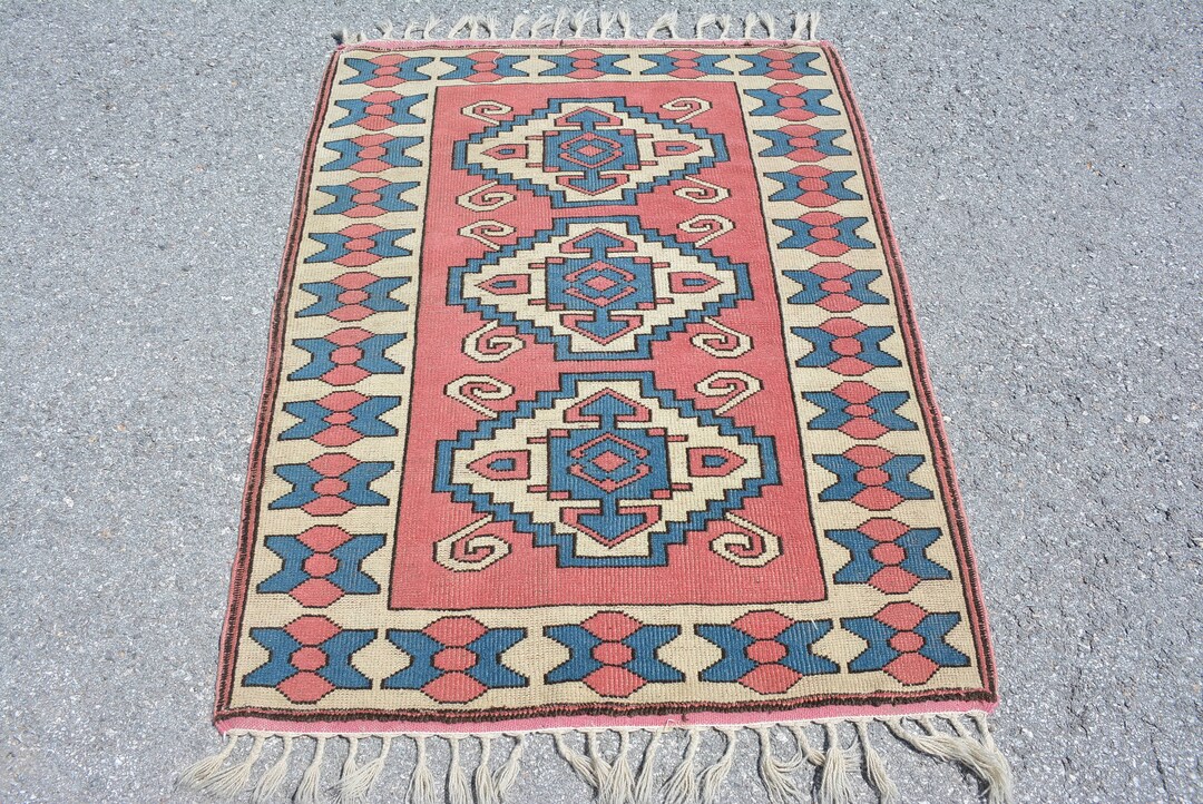 Turkish Rug, 3.7x4.9 Ft Accent Rugs, Pink Colorful Rug, Vintage Rug