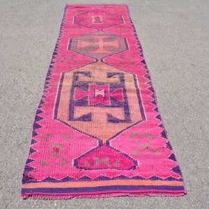 Vintage Rug, Turkish Rug, , 3.2x11 ft Runner Rugs, Rugs For Corridor, Pink Floor Rugs, Anatolian Rugs, Herki Rug, Turkish Runner Rug