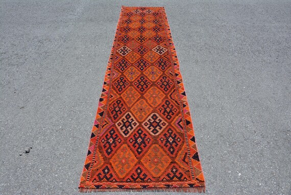 Herki Rug 32x113 inches Orange Carpet 3810 Antique Carpet Vintage Rug Turkish Rug Organic Kitchen Rugs Runner Carpet