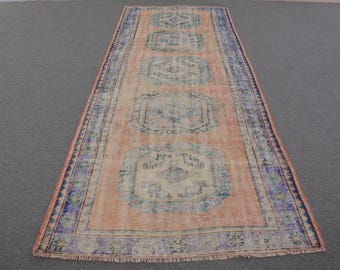ヴィンテージ トルコ製ランナーラグ、パステルピーチとブルーの