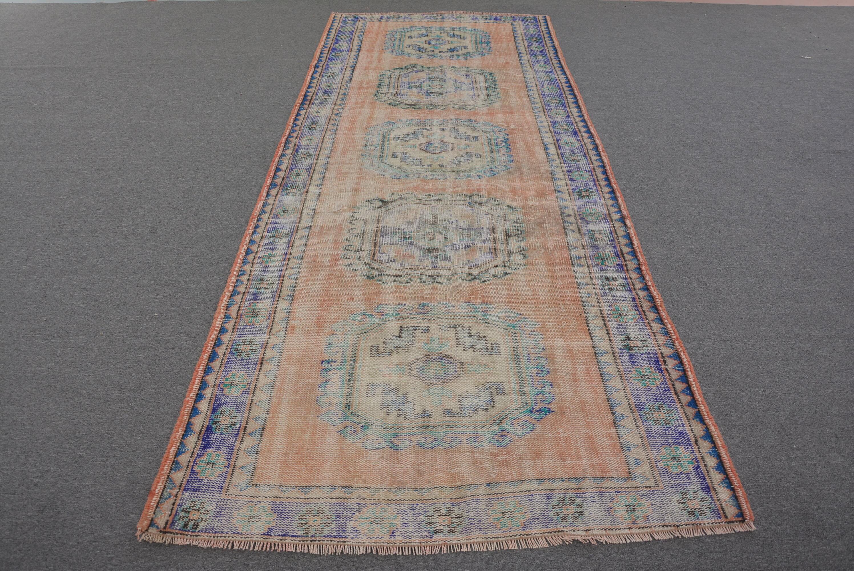 Vintage Turkish Runner Rug, Pastel Peach and Blue Medallion