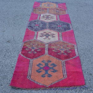 Traditional Turkish Rug, Vintage Runner, Pink Handmade Carpet, 3x9ft Area Rug, Kilim Hallway Decoration, Geometric Design, Antique Style