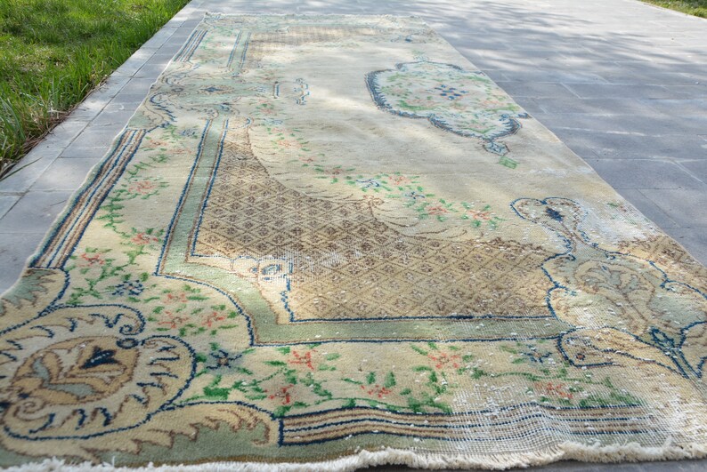 Antique Turkish Rug Oushak Rug 3.9' X 10.5' Vintage Anatolian Wool Rug