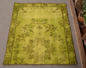 Turkish Rug, Vintage Rug, 3x3 Small Rug, Overdyed Oushak Rug, Rugs For Bathroom, 2.8x3.3 ft Green Rug, Colorful Area Rug, Vintage Decor,