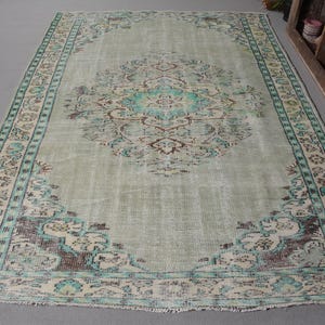 Vintage Turkish Rug, Handmade Carpet, 6x8 ft Green Rug, Ethnic Oushak Rug, Turkish Large Rug, 178x256cm