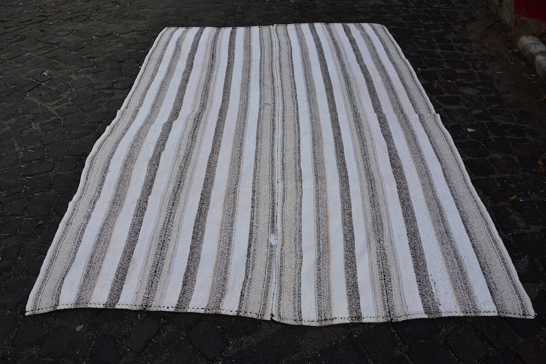 Turkish Kilim, White and Black Kilims Striped Kilim Antique Kilim 5.9