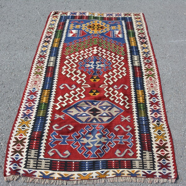 Area Kilim, Turkish Kilim, 3.4x5.5 ft, Bedroom Kilim, Organic Kilim, Antique Kilim, Vintage Kilim, Oriental Kilim, Aztec Kilim, Code 7299