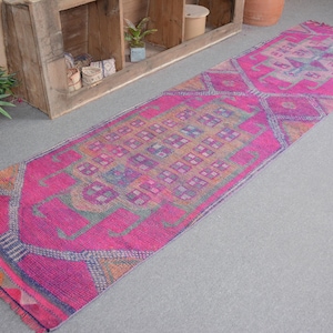 Vintage Pink Turkish Runner Rug, 3x11ft, Geometric Design, Bold Colors, Bohemian Decor, Handwoven Authentic Textile