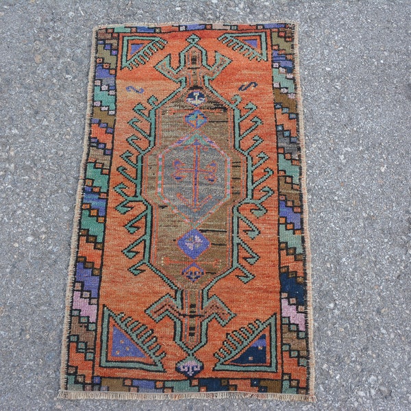 Antique Rug,  1.8'x3', Turkish Rug, Vintage Rug, Orange Rug, Purple Rug, Door Mat, Entry Rug, Door Mat, Bath Rug, Wool Rug, Rug, Code 6175