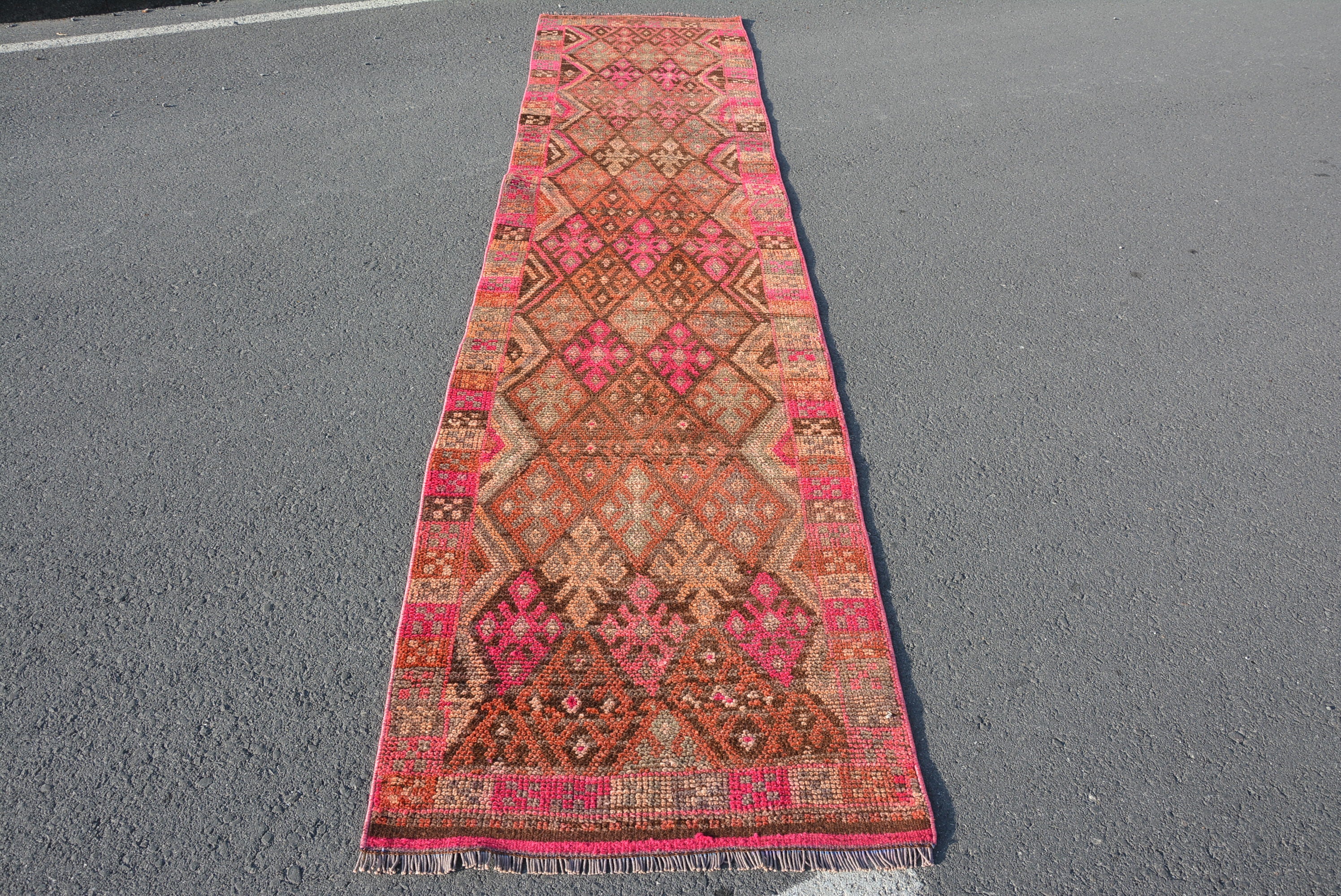 Tapis Turc, 2.6x11.1 Ft, Tapis de Coureur, Couloir, Vintage, Herki, Cuisine, Fait Main, Géométrique,