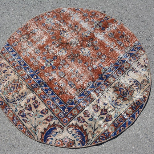 Round Rug, Turkish Rug, 3.7x3.7 ft, Oushak Rug, Muted Rug, Organic Rug, Antique Rug, Circle store Rug, Vintage Rug, Oriental Wool Rug, Code 7402