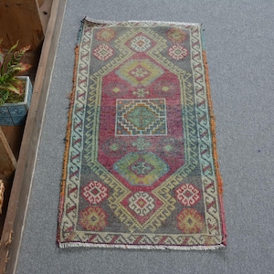 Vintage Turkish Door Mat, 2x3ft, Colorful Geometric Pattern, Bohemian Decor, Handmade Rug, Vibrant Traditional Design