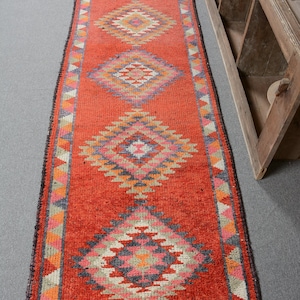 Vintage Runner Rug, 2.8x10.9 ft Turkish Rug, Red Patchwork Wool Rug