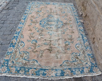 Blue Kurdish Rug, Rugs For Entry, 8.4x4.8 ft Small Rug, Vintage Rug, Turkish Rug, Wool Bath Mat, Oushak Rug, Aztec Bedroom Rugs