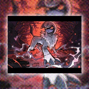 May include: Illustration of a creature with a white and gray body, standing in a dark forest with a red and orange background. The creature has a horn and a long tail. The image is framed with a colorful halftone pattern.