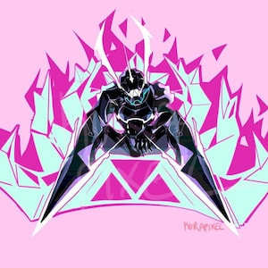 May include: A black and white illustration of a robot with large horns and a triangular base. The robot is surrounded by pink and blue geometric shapes.
