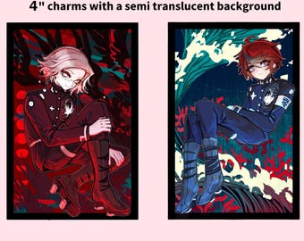 May include: Two 4-inch rectangular charms with semi-translucent backgrounds. The left charm features a character with light hair in a dark uniform against a red and black backdrop. The right charm shows a character with red hair in a blue uniform.