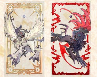 May include: Two rectangular art prints featuring stylized creatures. The left print shows a white, winged creature in a gold frame. The right print shows a dark, winged creature with red accents in a red frame. Both feature a small floating orb.