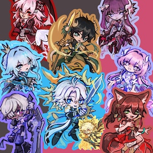 May include: A collection of colorful chibi-style character stickers. Each sticker features a unique anime-inspired design with vibrant colors, including red, blue, purple, and gold. The characters are depicted in dynamic poses, holding weapons or with magical elements.