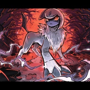 May include: Illustration of a creature with a dark blue face, gray fur, and red eyes, set against a fiery red and black background. The creature has a long tail and is surrounded by swirling, purple energy.