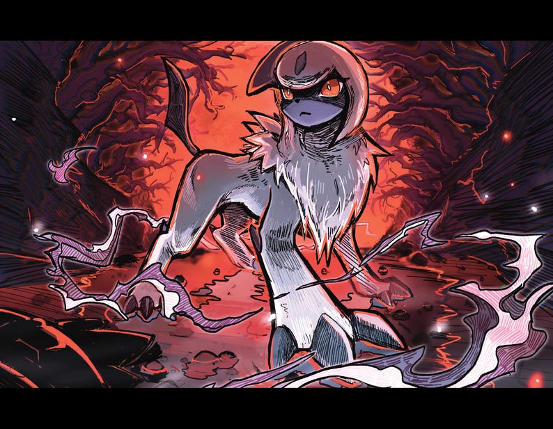 May include: Illustration of a creature with a dark blue face, gray fur, and red eyes, set against a fiery red and black background. The creature has a long tail and is surrounded by swirling, purple energy.