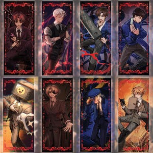 May include: A set of eight rectangular vertical art prints featuring anime-style characters in various outfits, including suits and tactical gear, framed by ornate red decorative borders with intricate patterns against dark, atmospheric backgrounds.
