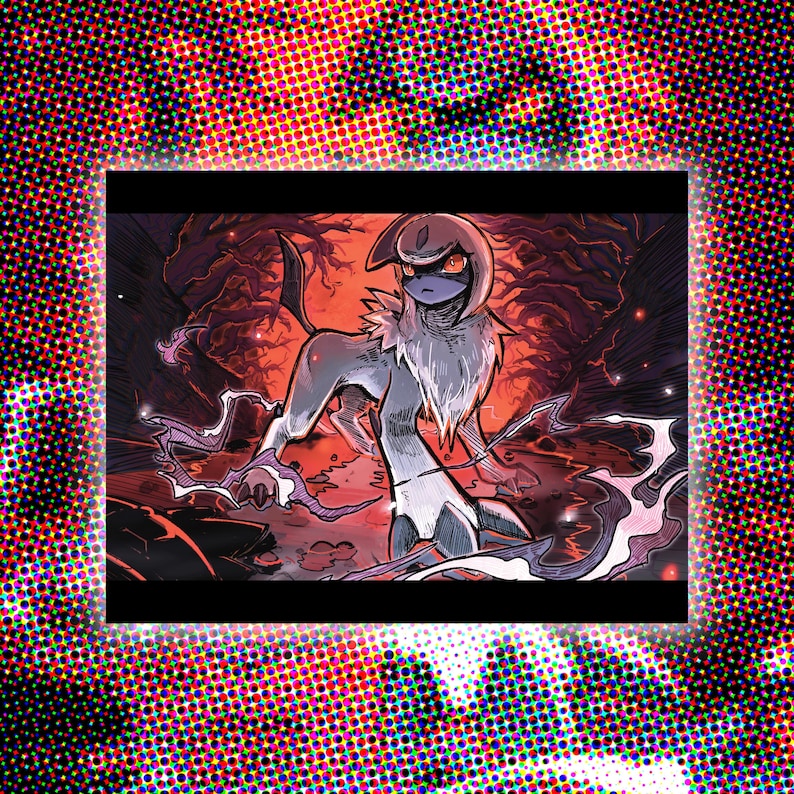 May include: Illustration of a creature with a white and gray body, standing in a dark forest with a red and orange background. The creature has a horn and a long tail. The image is framed with a colorful halftone pattern.