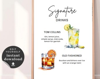 Placa de bebida exclusiva para casamento: Tom Collins e Whiskey Sour (download digital, 8x10 PDF/JPG)