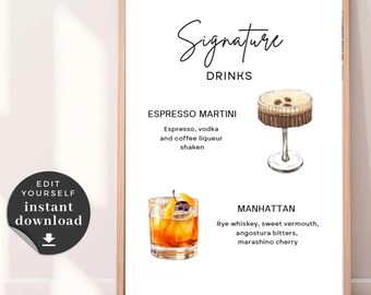 Placa de bebida personalizada para casamento: Manhattan e Martini (download digital)