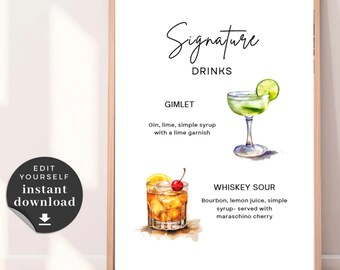 Placa de bebida exclusiva para casamento: Gimlet e Whiskey Sour (download digital, 8x10 PDF/JPG)