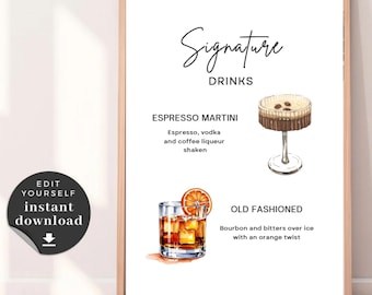 Placa de bebida personalizada para casamento: Martini e Old Fashioned (download digital)