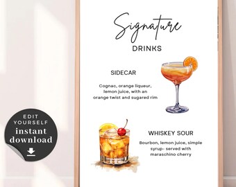 Placa de bebida exclusiva para casamento: Whiskey Sour e Sidecar (download digital, 8x10 PDF/JPG)