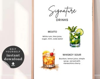 Placa de bebida exclusiva para casamento: Whiskey Sour e Mojito (download digital, 8x10 PDF/JPG)