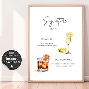 Wedding signature drink digital download, fully customizable, old fashioned, French 75, groom drink, bride drink, favorite drinks