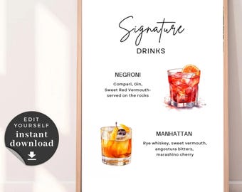 Placa de bebida exclusiva para casamento: Negroni e Manhattan (download digital, PDF/JPG 8x10)