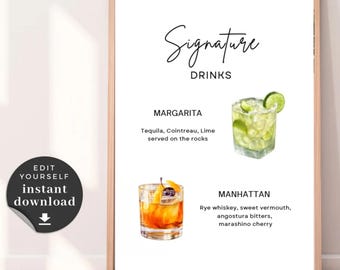 Placa de bebida com assinatura de casamento: Margarita e Manhattan (download digital, 8x10 PDF/JPG)