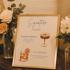 Aanpasbaar kenmerkend drankjebord voor bruiloft: martini en ouderwets (digitale download)