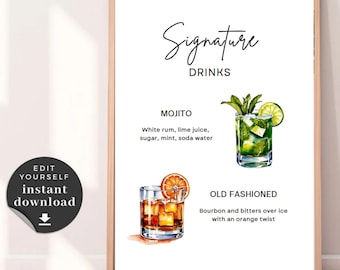 Placa de bebida personalizada para casamento: Mojito e Old Fashioned (download digital)