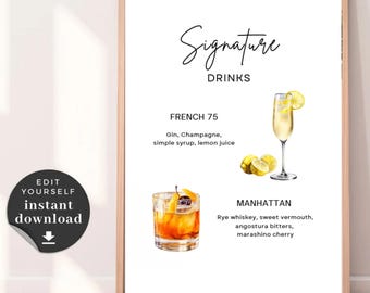 Placa de bebida exclusiva para casamento: French 75 e Manhattan (download digital)