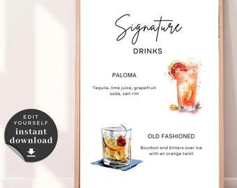 Placa de bebida personalizada para casamento: Paloma e Old Fashioned (download digital)