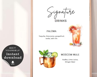 Placa de bebida personalizada para casamento: Paloma e Moscow Mule (download digital)