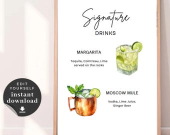 Bebida exclusiva para casamento, download digital, totalmente personalizável, Margarita, Moscow Mule, bebida do noivo, bebida da noiva, placa de bebida exclusiva