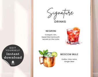 Placa de bebida com assinatura de casamento: Negroni e Moscow Mule (download digital, 8x10 PDF/JPG)