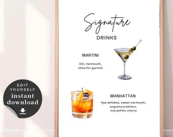 Bebida exclusiva para casamento, download digital, totalmente personalizável, Martini, Manhattan, bebida do noivo, bebida da noiva, placa de bebida exclusiva