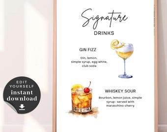 Placa de bebida exclusiva para casamento: Gin Fizz e Whiskey Sour (download digital, 8x10 PDF/JPG)